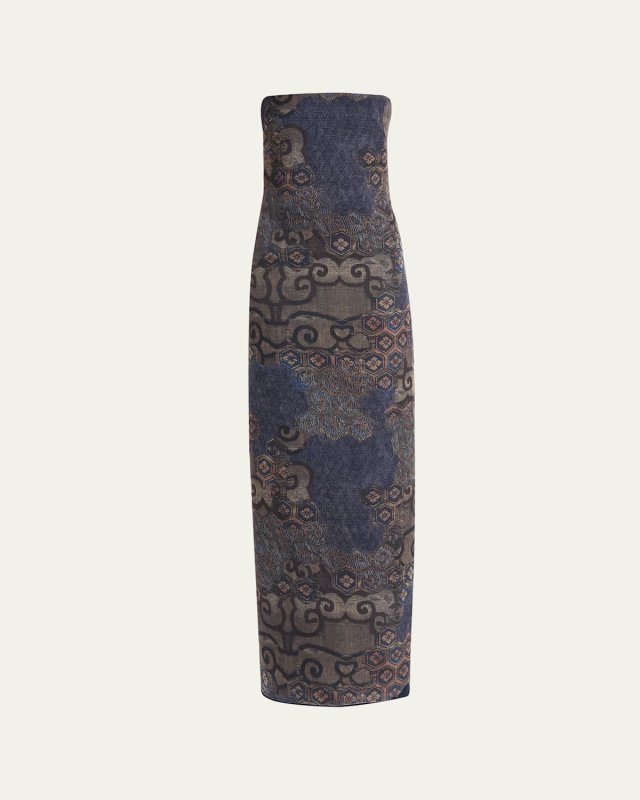 Strapless Tile-Print Silk Gown